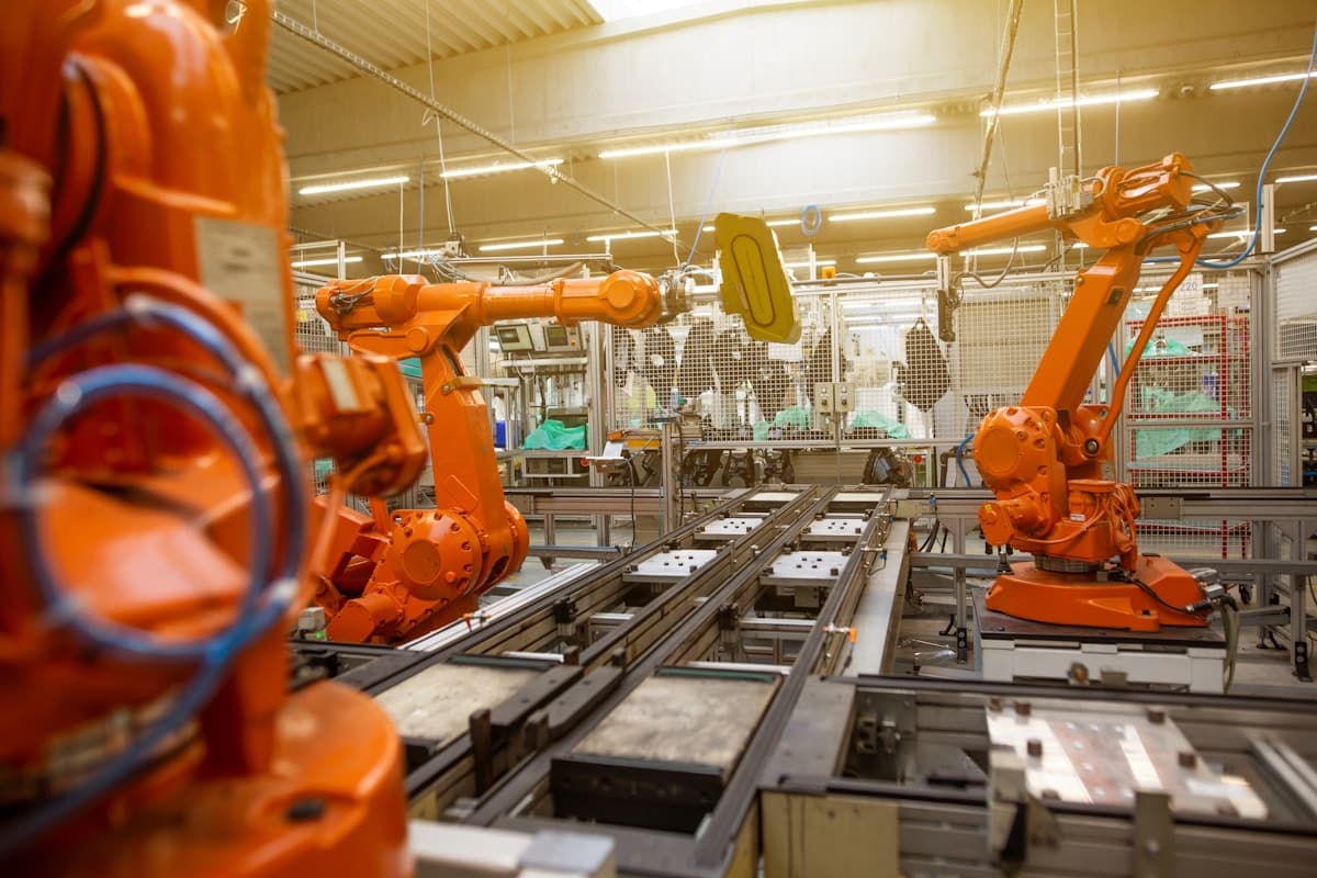 Industrial robotic arms on manufacturing production line
