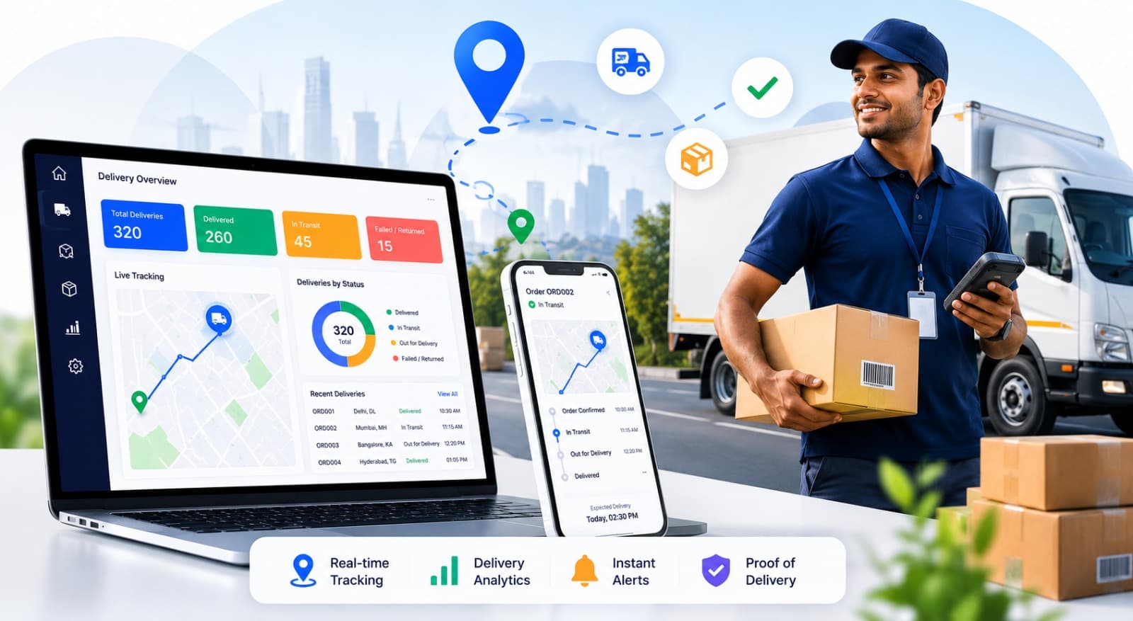 Courier delivering a package, tracked live on dashboard and mobile