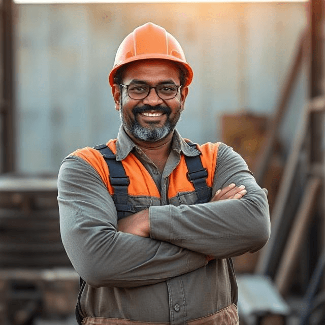 Supervisor in safety helmet and vest at an industrial site