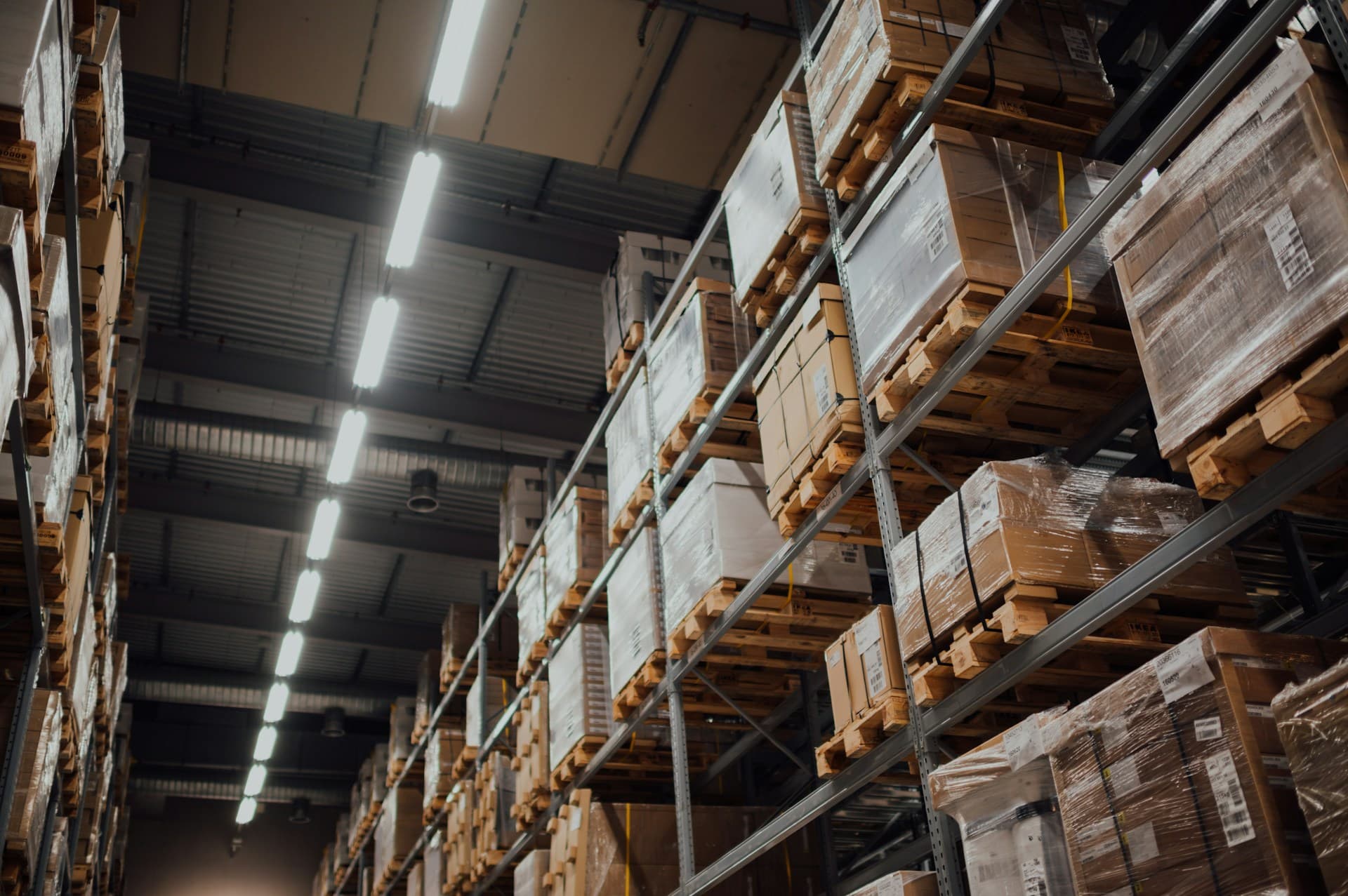 Logistics warehouse with stacked shelves