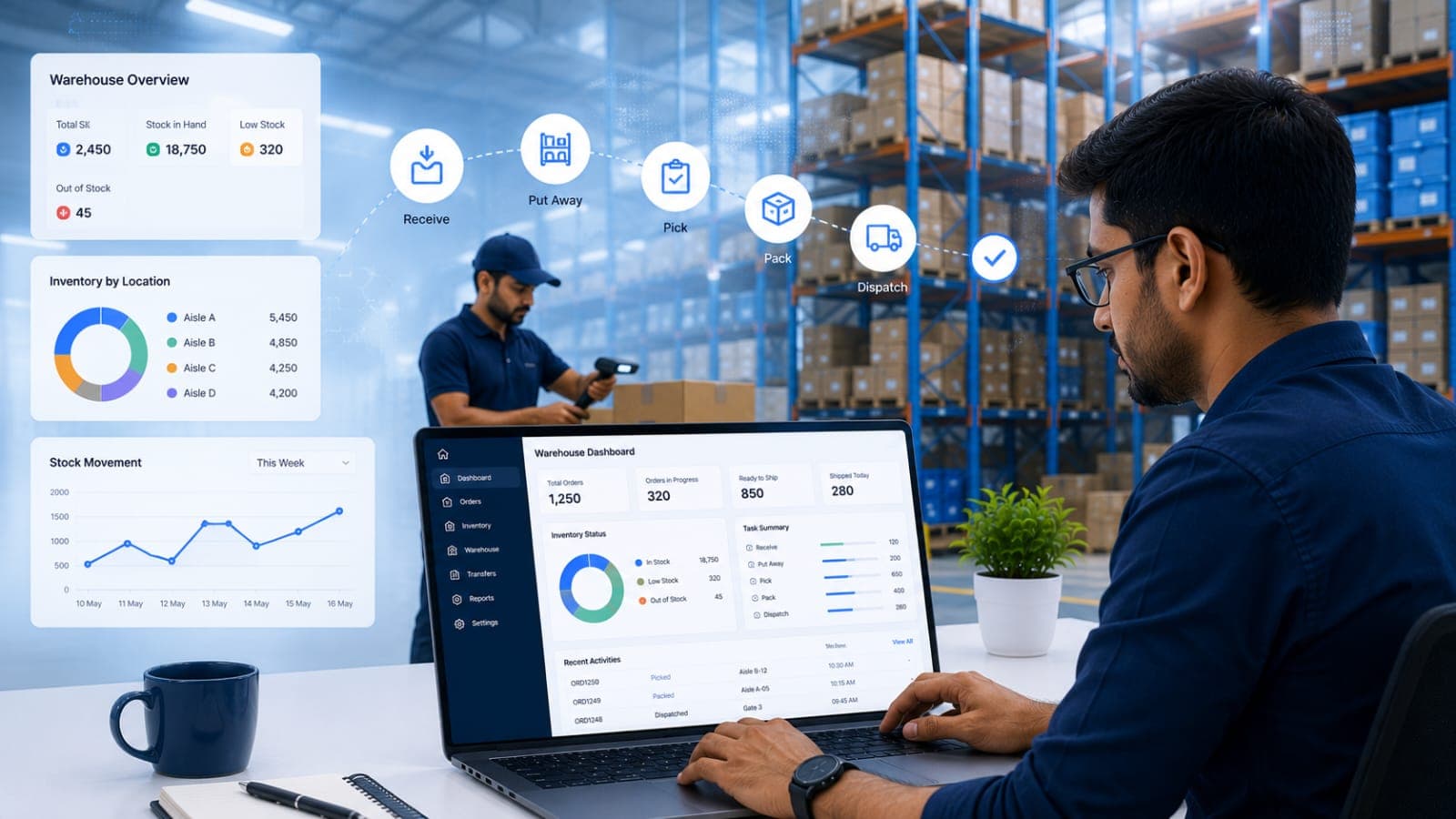 Warehouse manager reviewing inventory data on a laptop