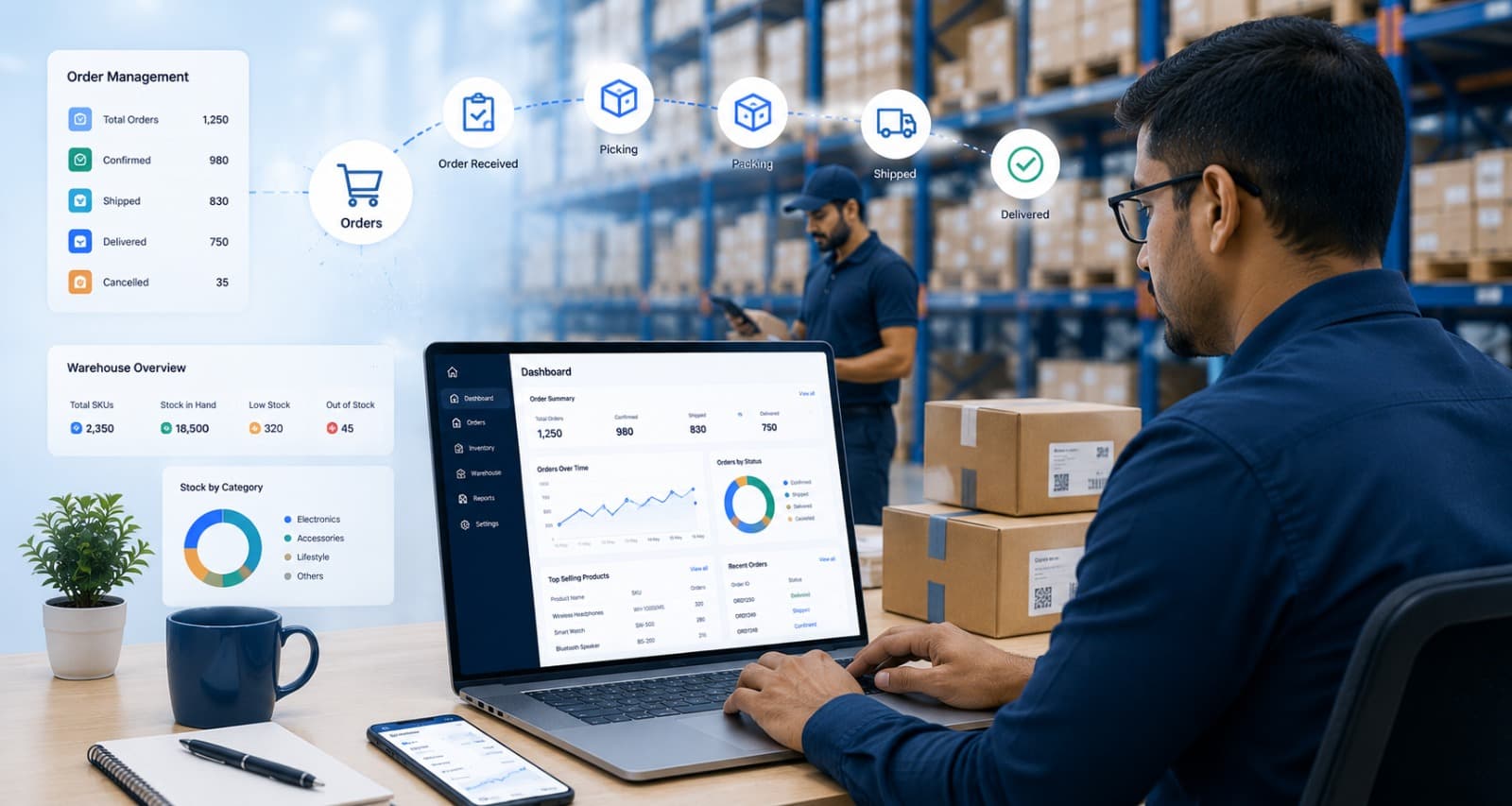 Warehouse worker reviewing the order management dashboard
