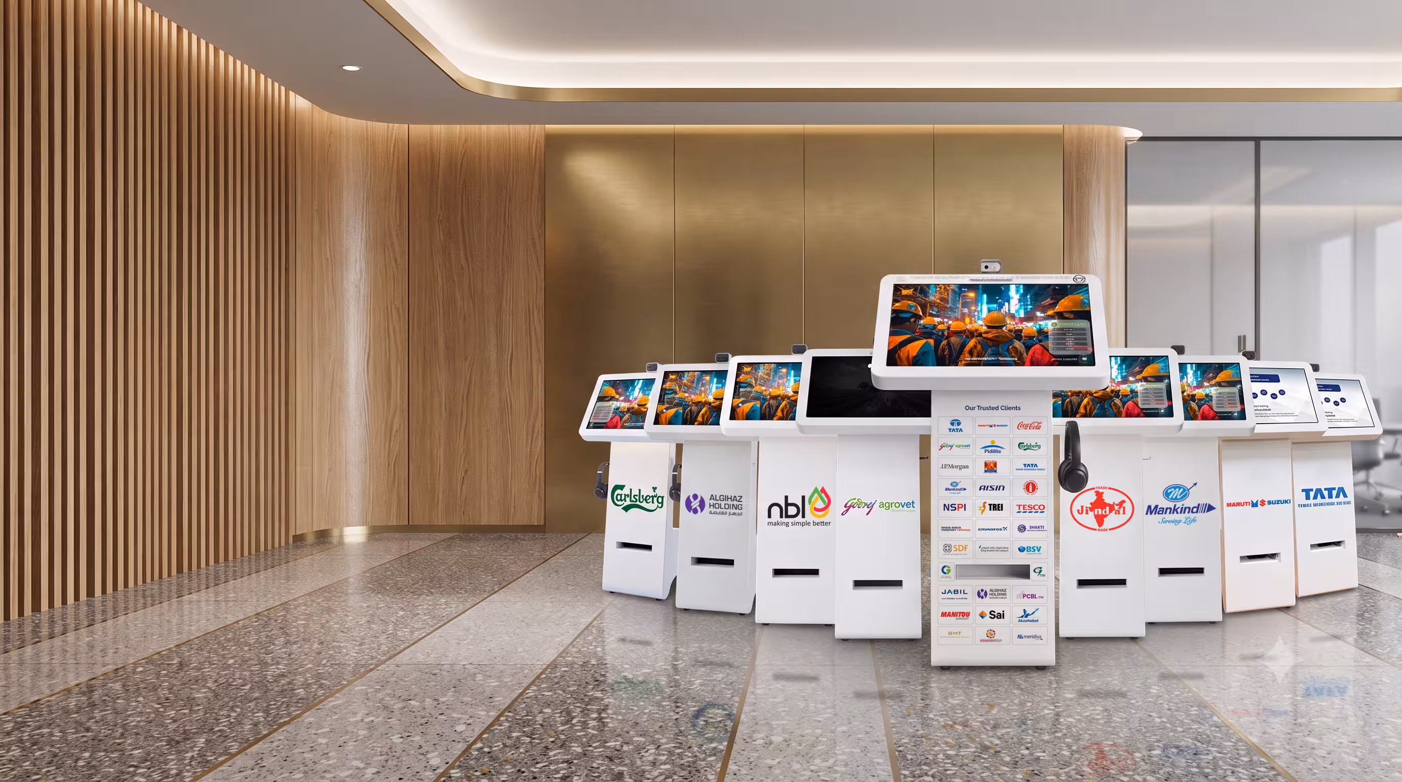 Self-service kiosk for factory workers — biometric attendance, payslips and leave on shop floor
